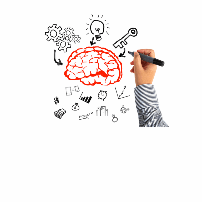 A hand is holding a marker, drawing on a graphic featuring a brain surrounded by icons representing ideas, gears, a key, and various business-related symbols like money, graphs, and buildings.